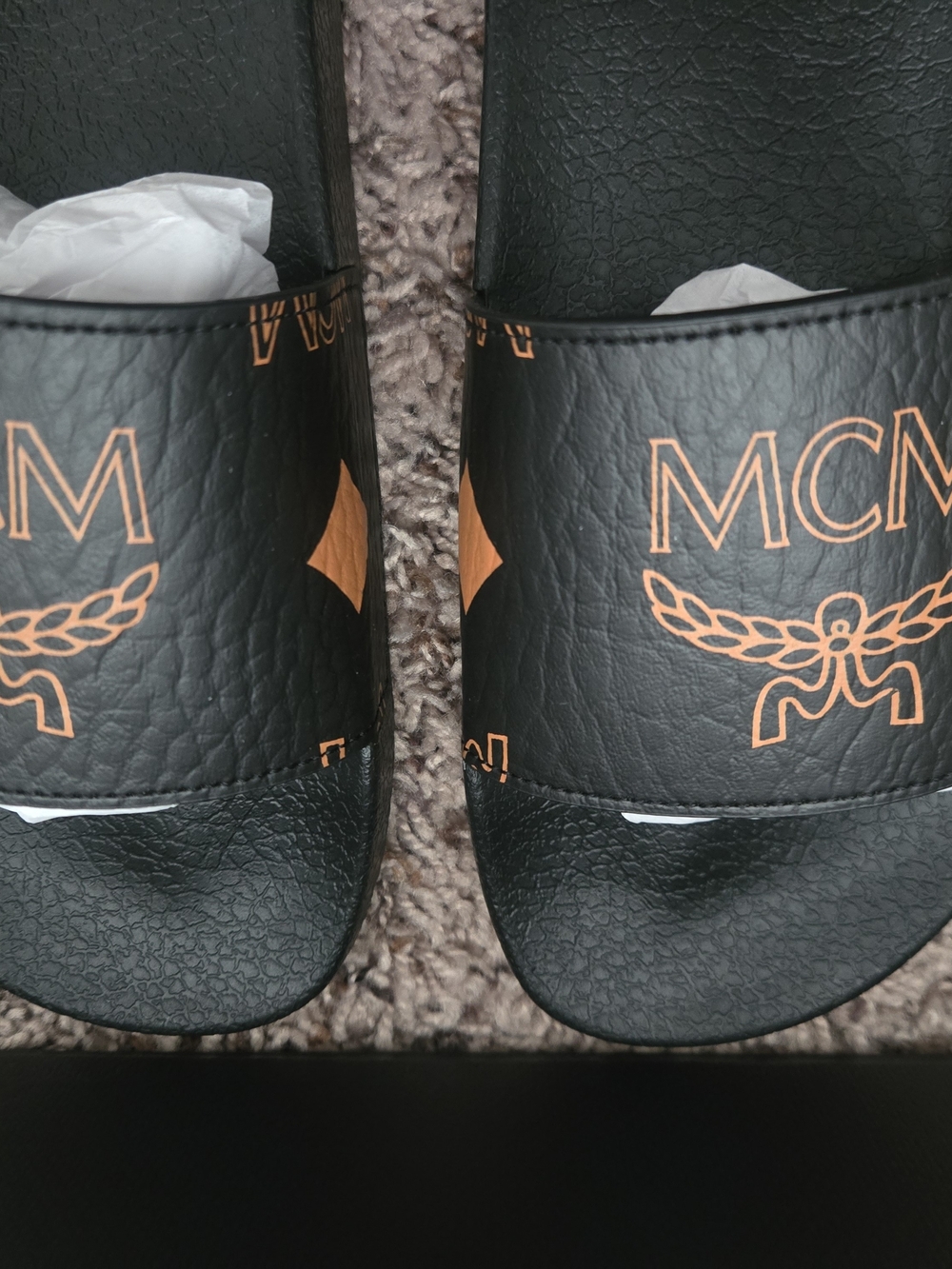 MCM Black & Orange Logo Slide Sandals - Picture 7 of 13